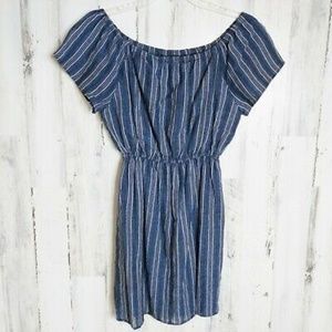 EUC Blue Striped Linen Dress Off Shoulder XL